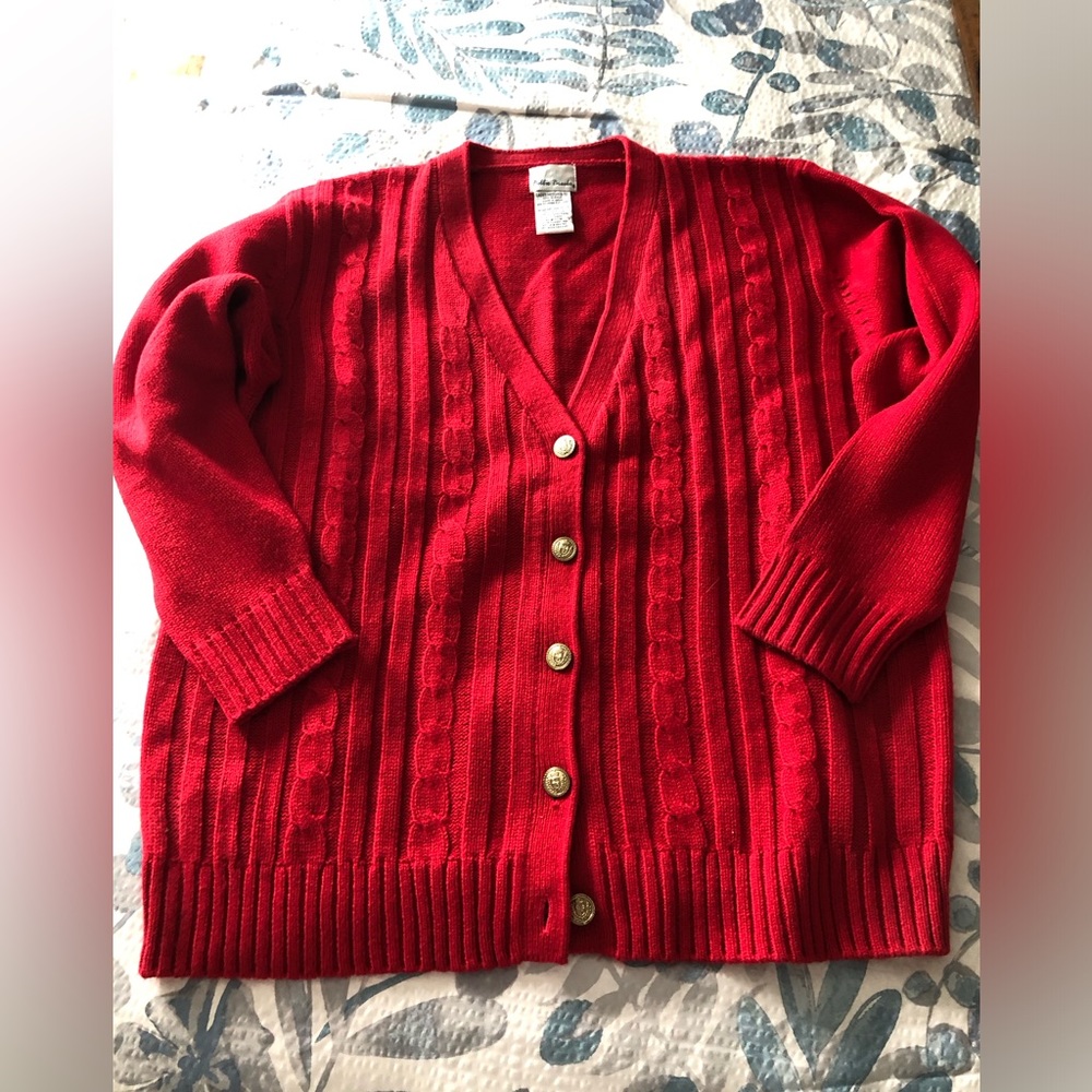 Red knit button down cardigan